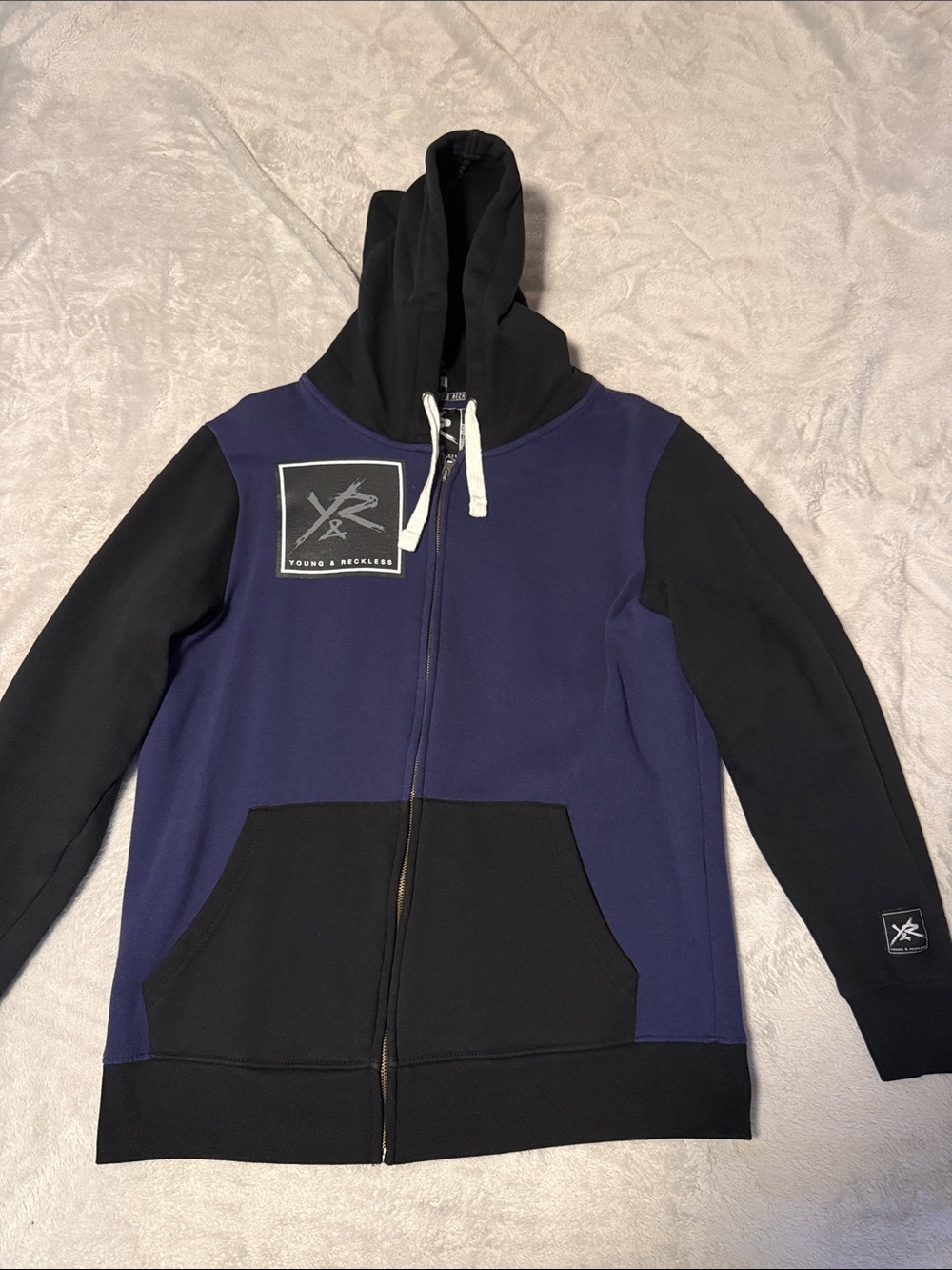 Large Young & Reckless Navy and Black Colorblock Zip Hoodie